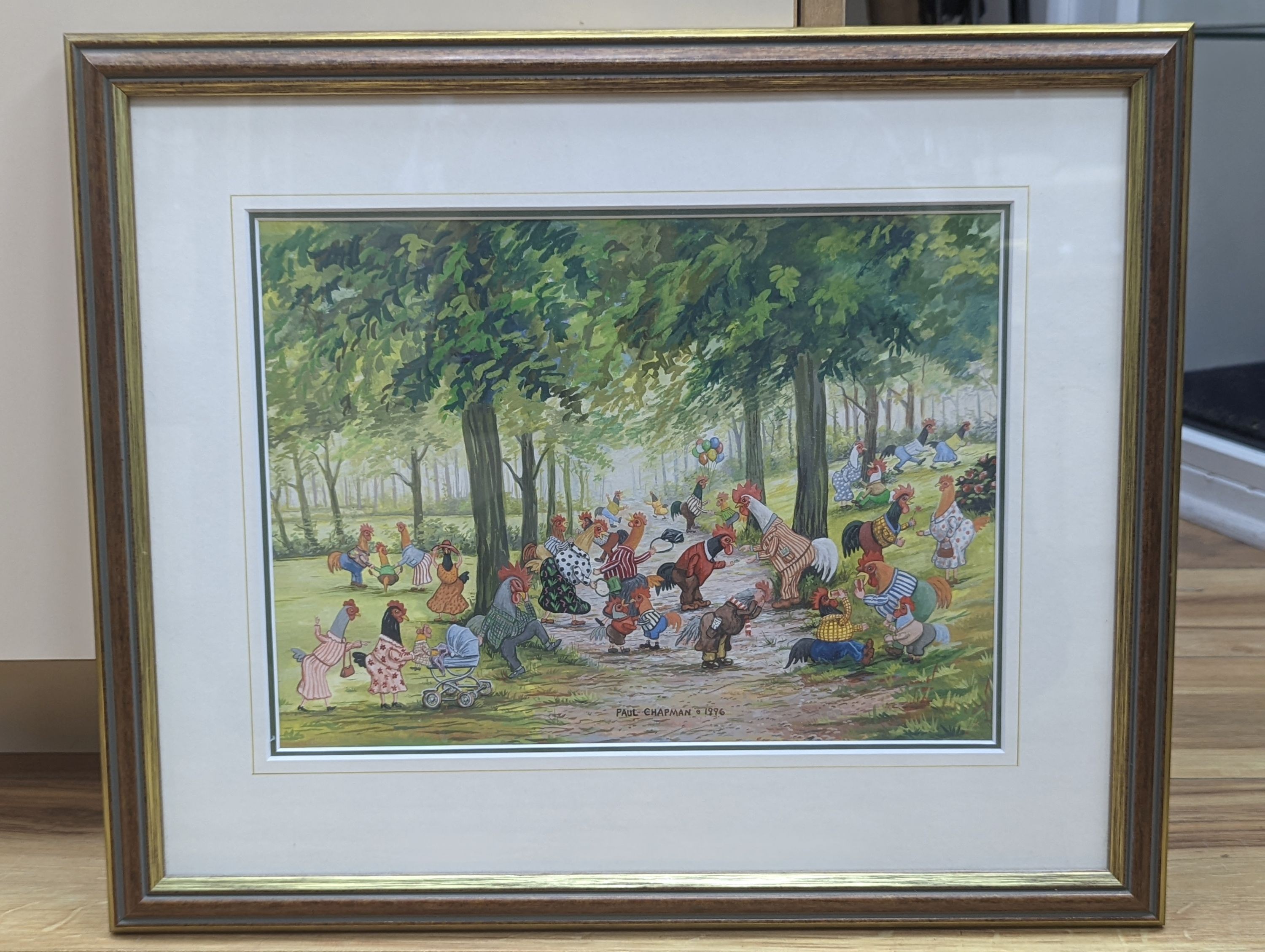 Paul Chapman, gouache, Park scene with chickens, signed and dated 1996. 23x30cm